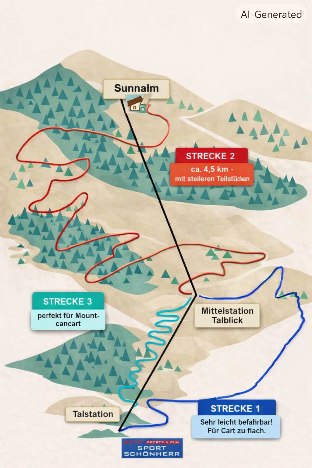 Streckenkarte der drei Mountaincart- und Monsterroller-Strecken am Marienberg, von der Talstation über die Mittelstation Talblick bis zur Sunnalm